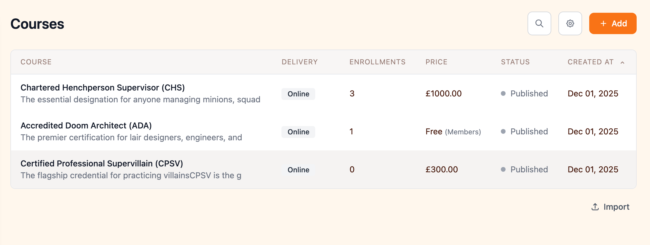 Courses list in the admin portal