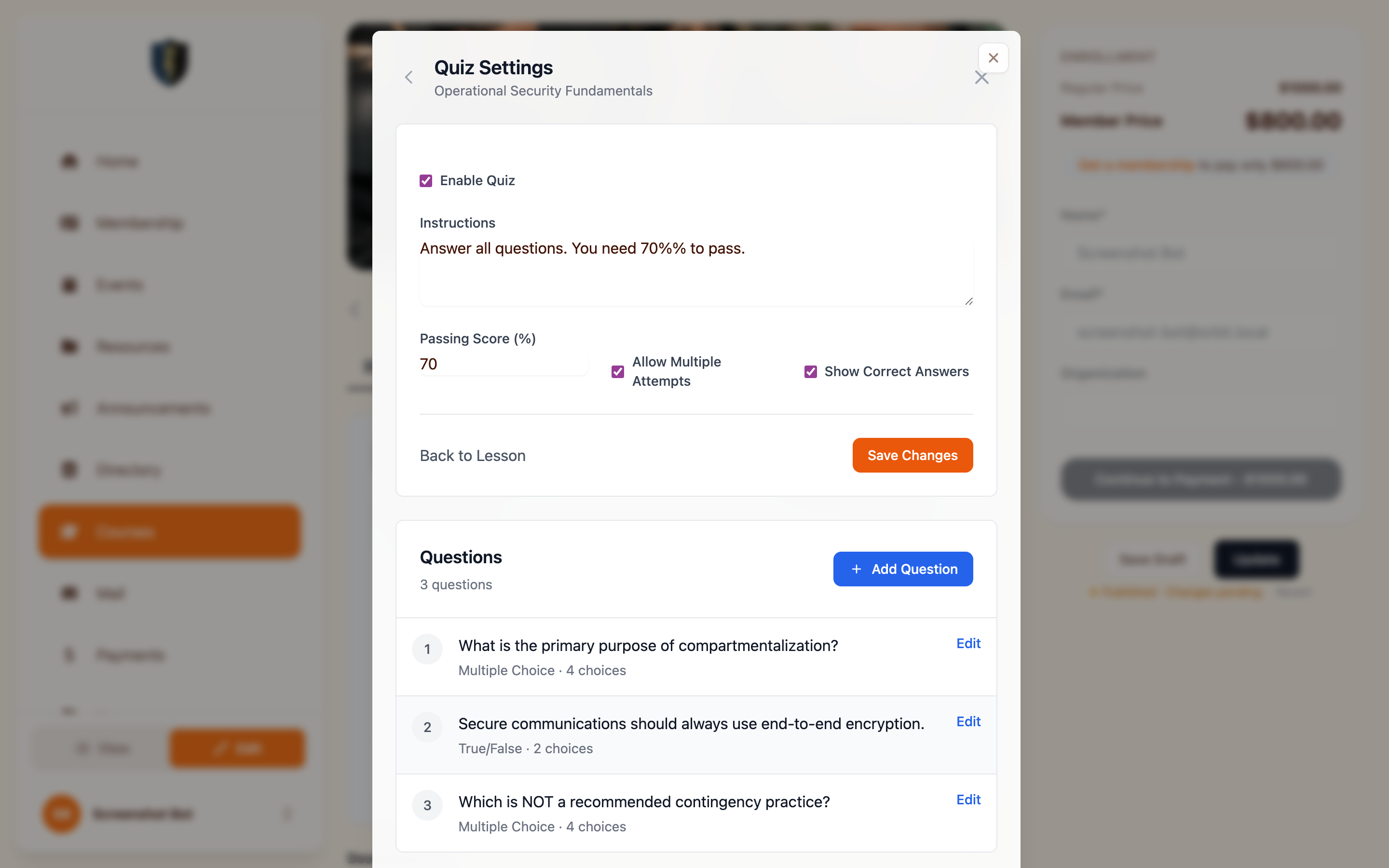 Quiz settings modal with questions list and configuration options