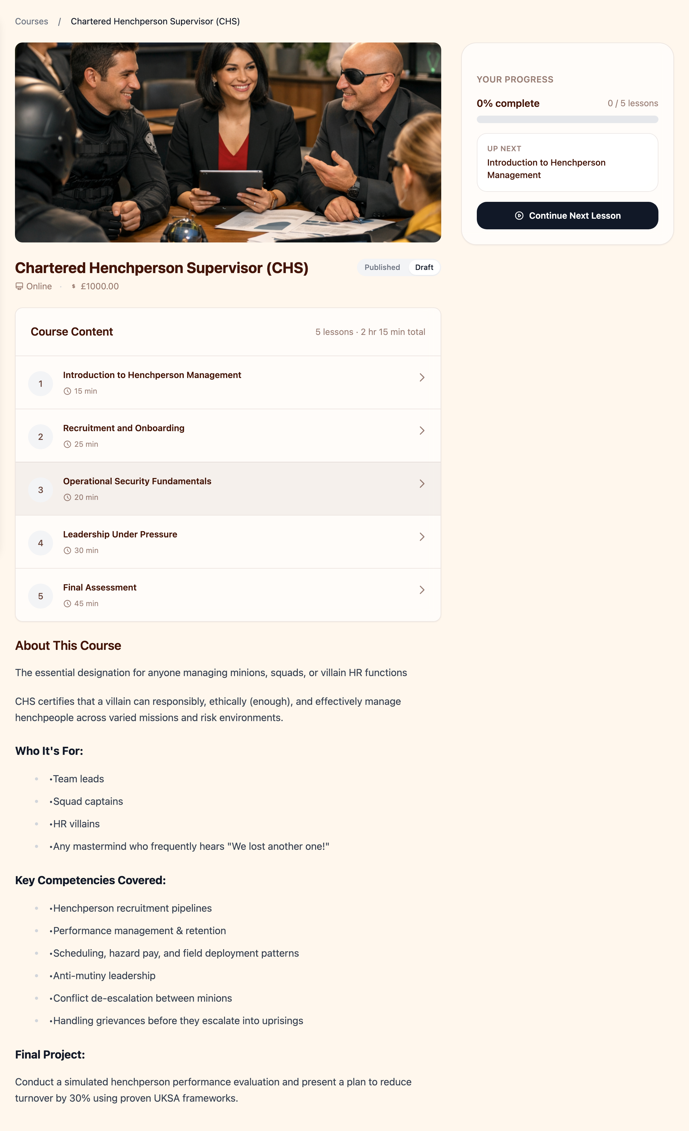 Course detail page with lesson list and progress tracking