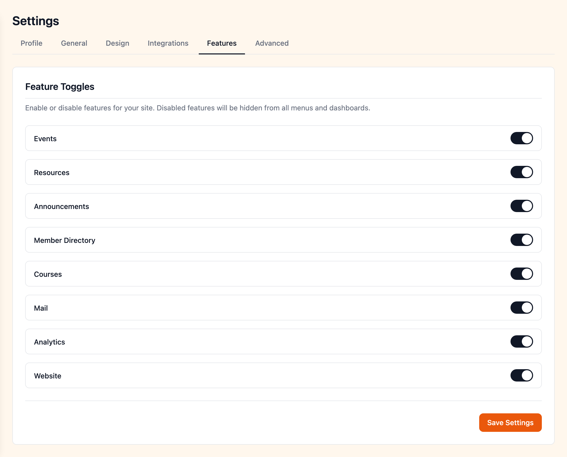 Feature toggles settings page