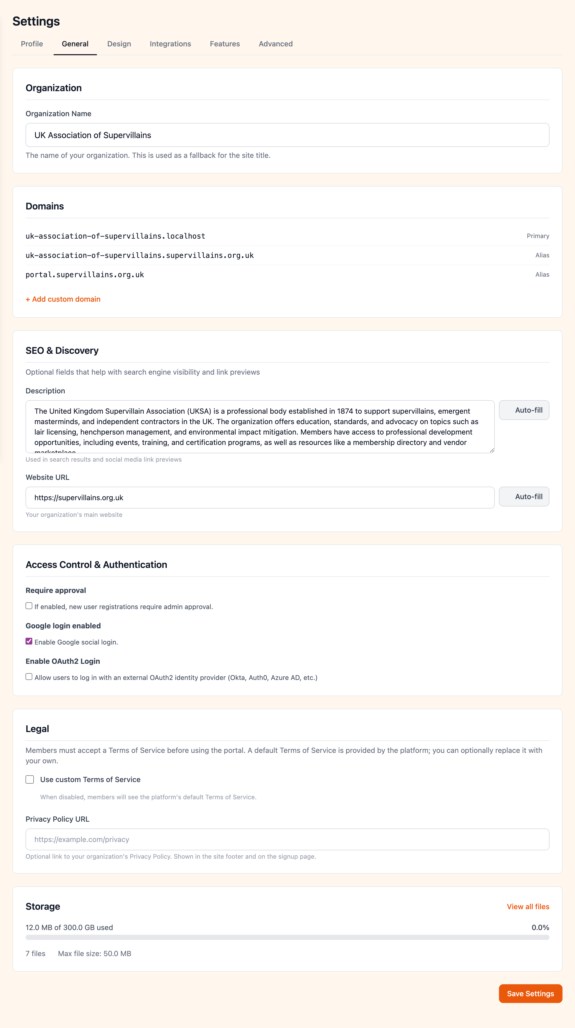 General settings page with domain configuration