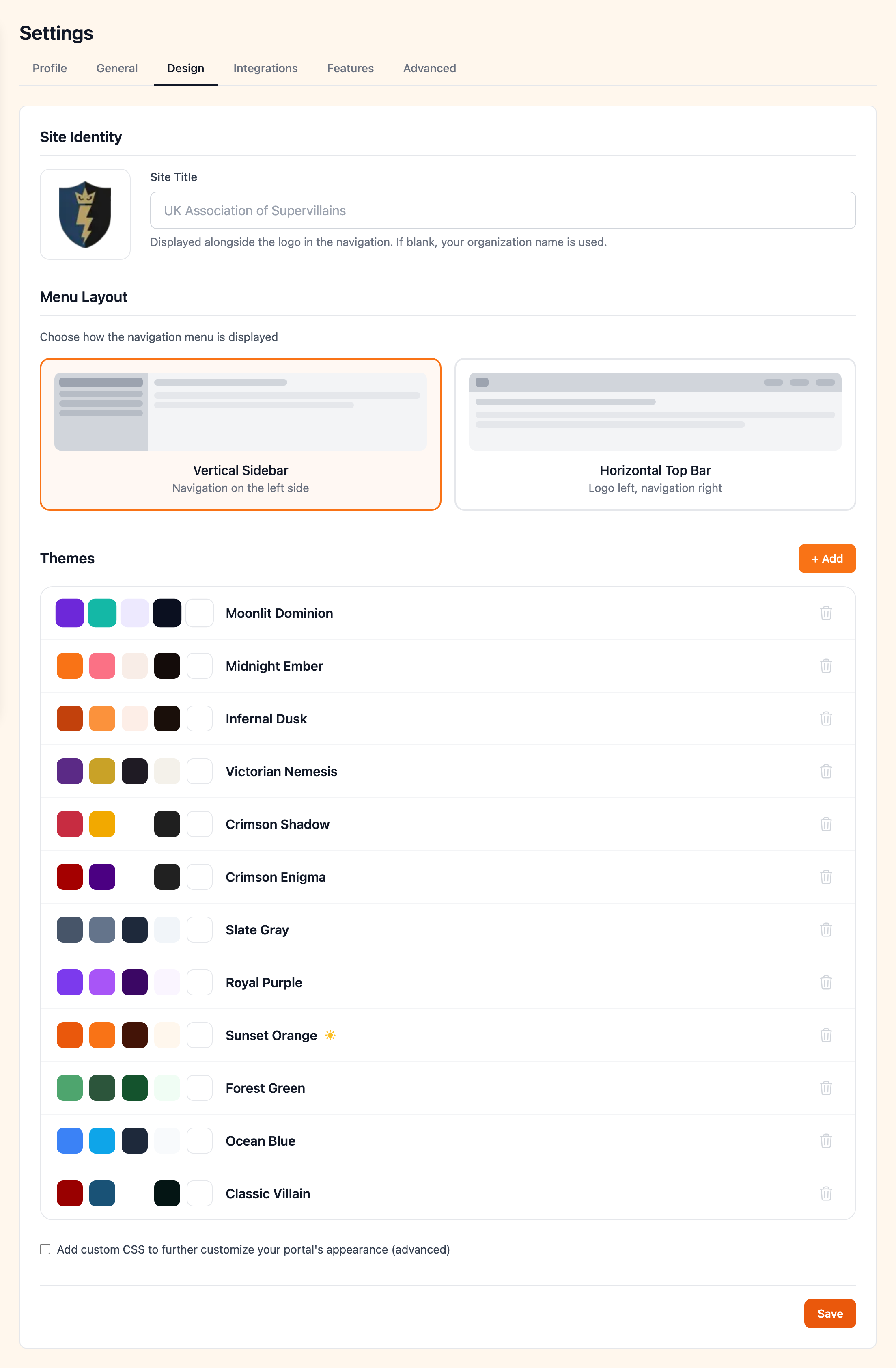 Site settings with terms of service and privacy policy configuration