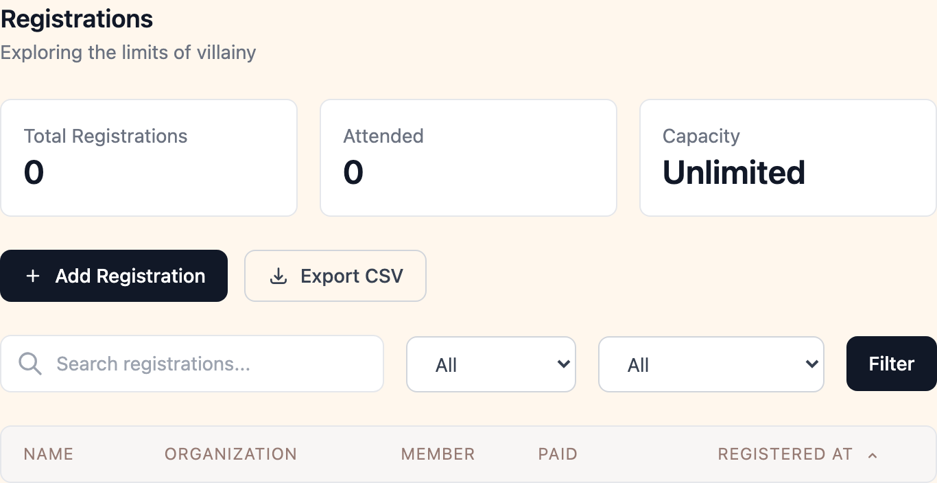 Registrations tab with attendee list and management actions