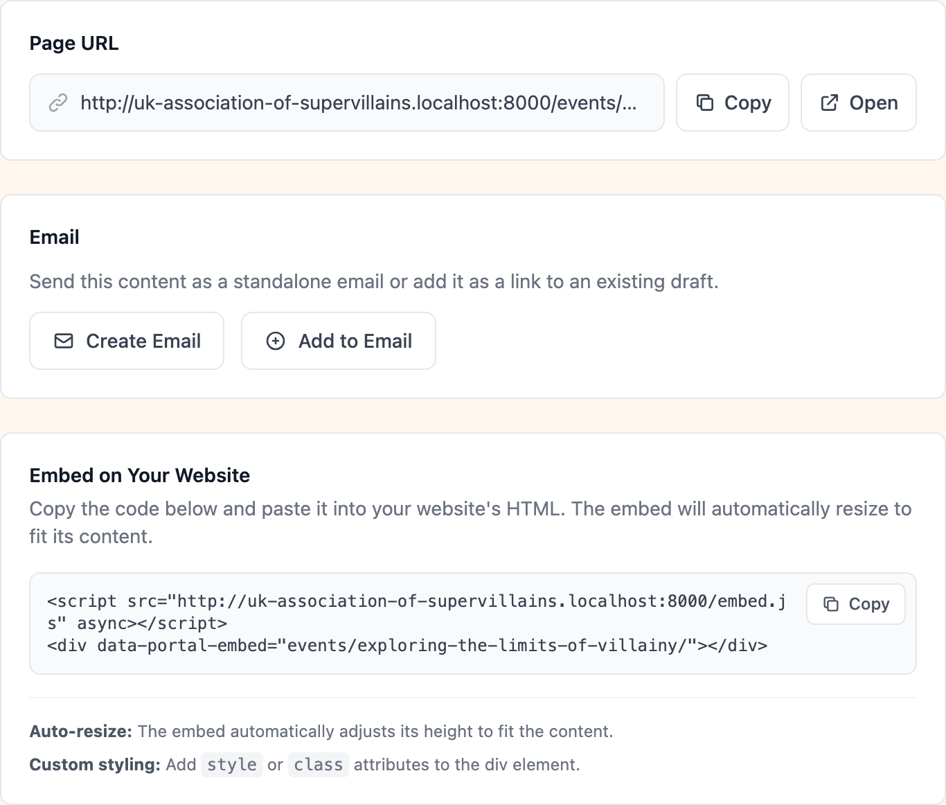 Sharing tab with page URL, email, and embed options