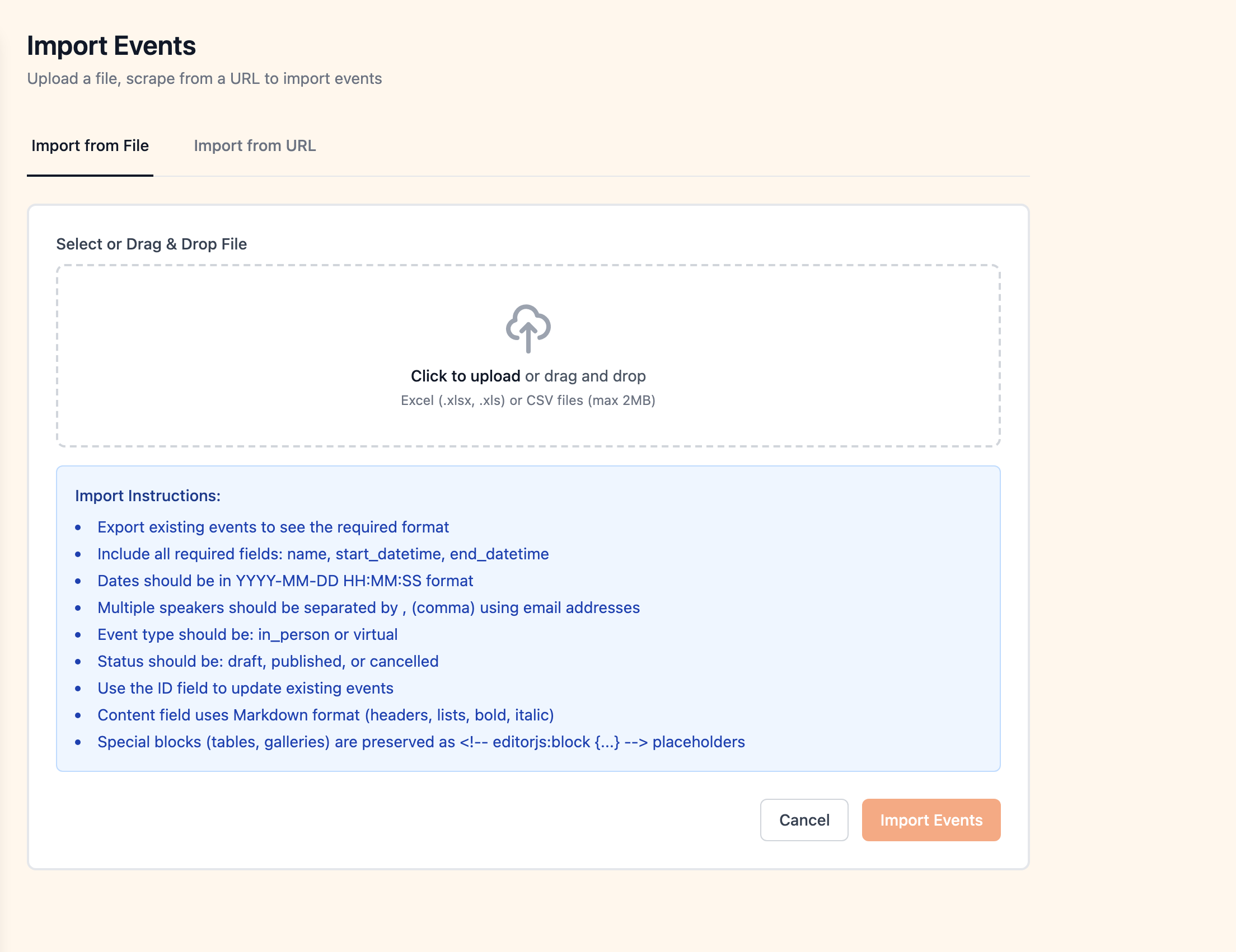 Spreadsheet import page with file upload and field mapping