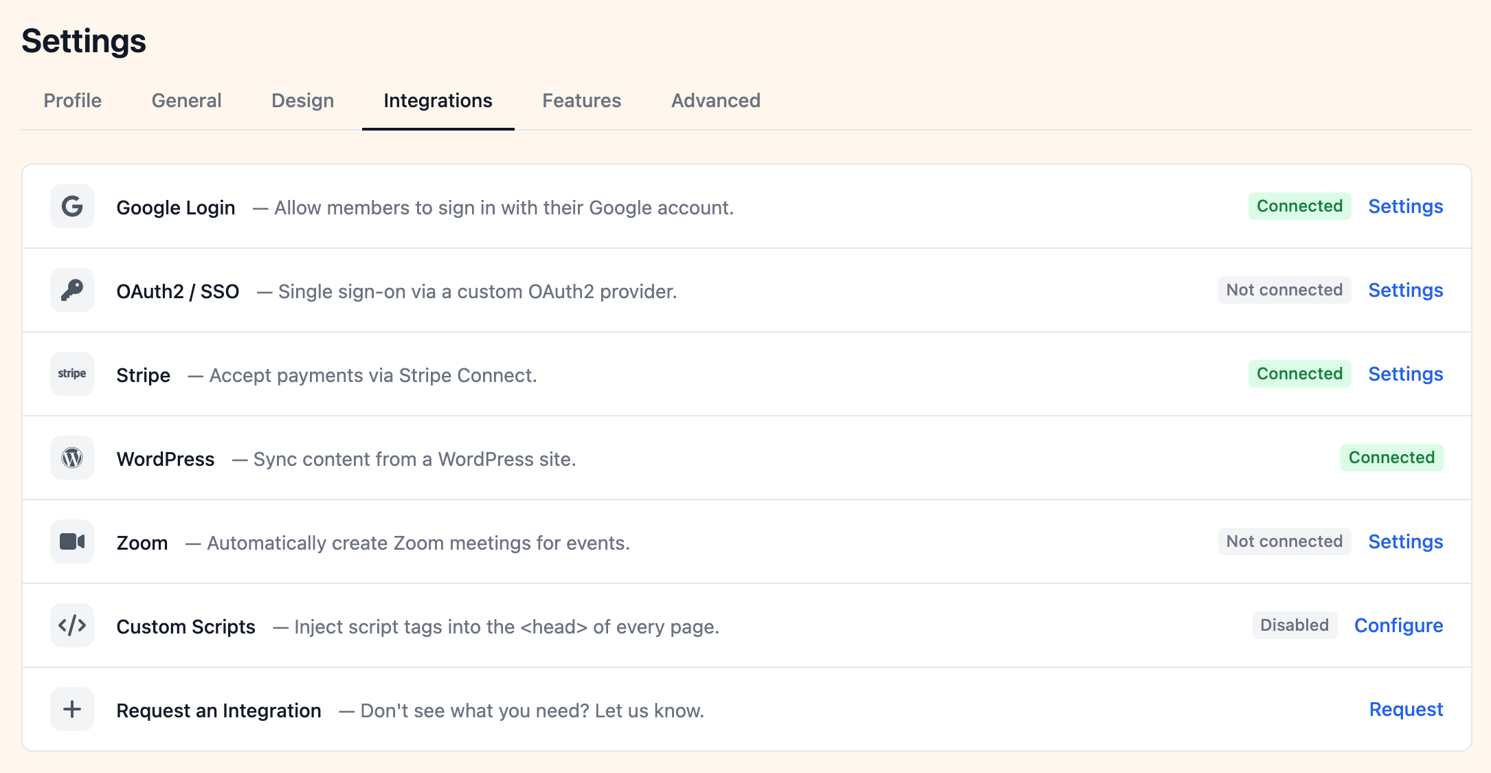 Integrations settings showing connected services and configuration options
