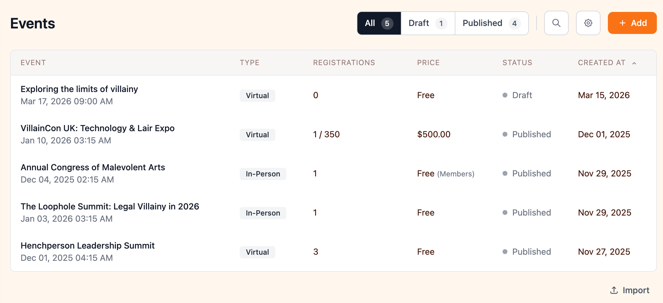 Event list showing draft, published, and archived statuses