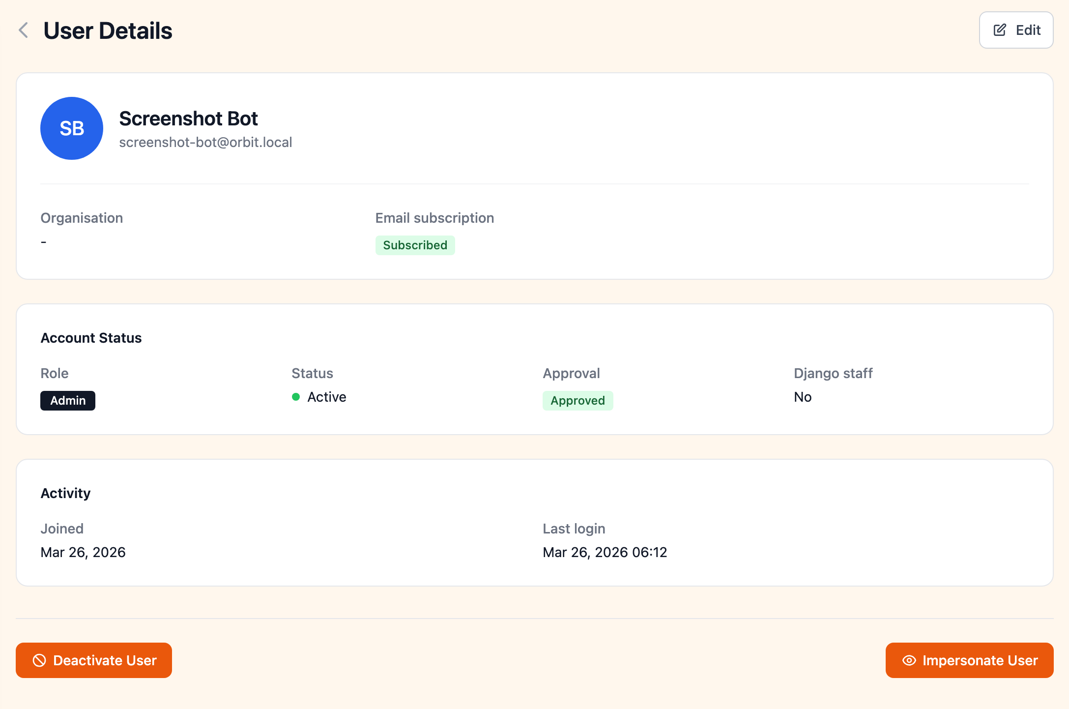Admin user detail page with profile information and actions